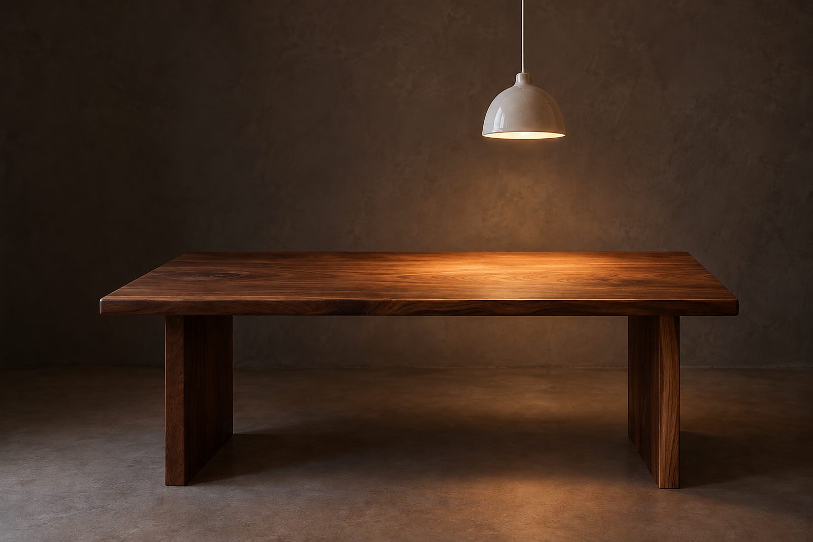 Eine kleine weiße Porzellanleuchte hängt tief über einem Tisch aus Nussbaum und wirft einen runden Lichtfleck auf das Holz